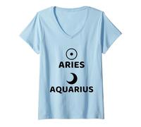 Women's Aries Sun Aquarius Moon Astrology Zodiac Design V-Neck T-Shirt
