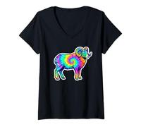 Women's Aries The Ram Tie Dye, Multicolor Ram, Colorful Horoscope V-Neck T-Shirt