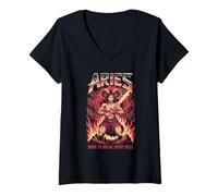 Womens Aries Warrior Woman Fire Zodiac Sign Born Rule Breaker V-Neck T-Shirt