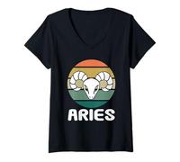 Women's Aries Zodiac Retro Sunset Graphic Astrology Sign V-Neck T-Shirt