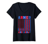 Womens Armed And Dadly Funny Fathers Day Deadly Stars Stripes Gift V-Neck T-Shirt
