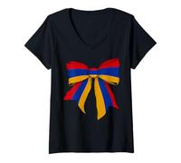 Womens Armenia Armenian Pride Flag Girl Coquette Bow Ribbon V-Neck T-Shirt
