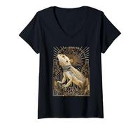 Womens Art Deco Bearded Dragon with Starburst and Geometric Frame V-Neck T-Shirt