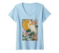 Womens Art Nouveau Heron with Lotus Flowers and Vintage Botanical V-Neck T-Shirt