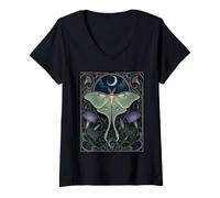 Women's Art Nouveau Luna Moth Moon Morning Glory Design V-Neck T-Shirt