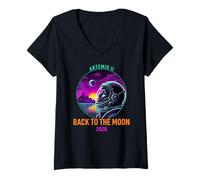 Women's Artemis II Back to The Moon 2026 Synthwave Astronaut Retro V-Neck T-Shirt