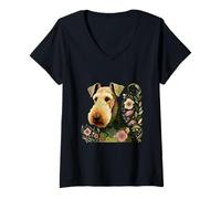 Womens Artful Airedale Terrier: Whimsical Floral Dog Illustration V-Neck T-Shirt