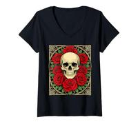 Womens Artful Gothic Art Nouveau Cranium and Roses V-Neck T-Shirt