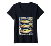 Women's Artistic Fishes Mediterranean Tile Art Summer Vibes Coastal V-Neck T-Shirt