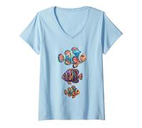 Women's Artistic Three Fishes Ocean Coastal Beachy Summer V-Neck T-Shirt