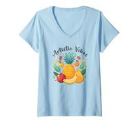 Women's Artistic Vibes Pineapple Art Tropical Fruit Illustration V-Neck T-Shirt