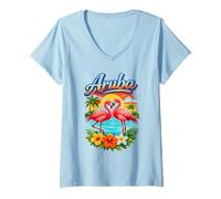 Women's Aruba Beach Flamingo Tropical Sunset Graphic V-Neck T-Shirt
