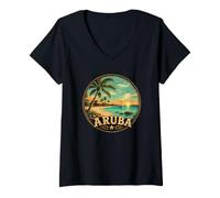 Women's Aruba Beach Sunset Design with Palm Trees V-Neck T-Shirt