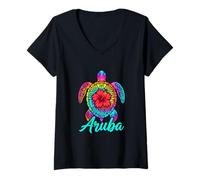 Women's Aruba Sea Turtle Hibiscus Tropical Art V-Neck T-Shirt