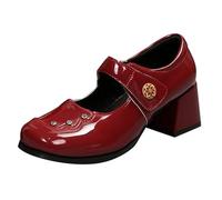 Women's ary Jane for Chunky Block Middle Heels Closed Square Toe Working Ballet Pumps Adjustable Buckle Metal Strap Loafer Comfortable atent Leather Dress Wedding Shoes (Red, 5.5)
