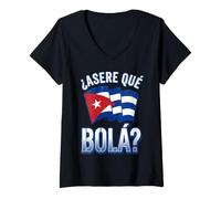 Women's Asere Que Bola Cuban Slang with Distressed Waving Flag V-Neck T-Shirt