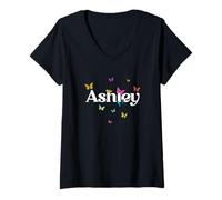 Womens Ashley - Adorable Girl Name with Colorful Butterlies V-Neck T-Shirt