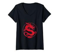Womens Asian japanese chinese lucky red dragon tattoo logo on black V-Neck T-Shirt