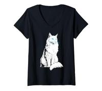 Womens Asian-Semi-Longhair Blue Eyes Cat Motif Portrait Graphic V-Neck T-Shirt