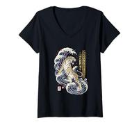 Women's Asian Unapologetically Tiger Great Wave Ukiyo-e Style AAPI V-Neck T-Shirt
