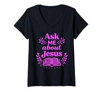 Women's Ask Me About Jesus Christian Faith Bible Verse Scripture God V-Neck T-Shirt