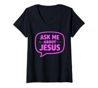 Women's Ask Me About Jesus Christian Faith Bible Verse Scripture God V-Neck T-Shirt