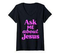 Women's Ask Me About Jesus Christian Faith Bible Verse Scripture God V-Neck T-Shirt