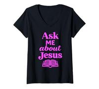 Women's Ask Me About Jesus Christian Faith Bible Verse Scripture God V-Neck T-Shirt