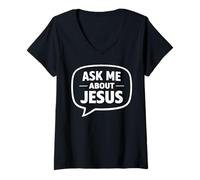 Women's Ask Me About Jesus Christian Faith Bible Verse Scripture God V-Neck T-Shirt