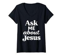 Women's Ask Me About Jesus Christian Faith Bible Verse Scripture God V-Neck T-Shirt