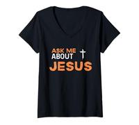 Womens Ask Me About Jesus Evangelism Christian Cross Design V-Neck T-Shirt