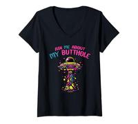 Womens Ask Me About My Butthole | Funny UFO | Alien Abduction V-Neck T-Shirt