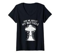 Womens Ask Me About My Butthole | Funny UFO | Alien Abduction V-Neck T-Shirt