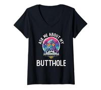 Womens Ask Me About My Butthole | Funny Yeti UFO | Alien Abduction V-Neck T-Shirt