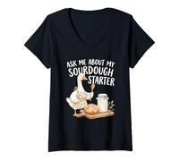 Women's Ask Me About My Sourdough Starter Funny Baking Goose Design V-Neck T-Shirt