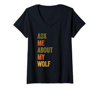 Womens Ask Me About My Wolf Retro Vintage Text V-Neck T-Shirt