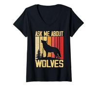 Women's Ask Me About Wolves Howling Retro Sunset Forest Silhouette V-Neck T-Shirt