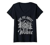 Women's Ask Me About Wolves Wild Nature Forest Wolf Lover V-Neck T-Shirt