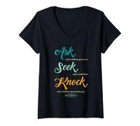 Womens Ask... Seek... Knock... Matthew 7:7 Christian Bible Promise V-Neck T-Shirt