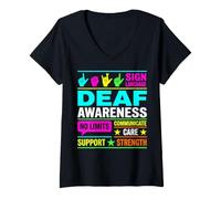 Women's ASL Sign Language Deaf Awareness Support Design V-Neck T-Shirt