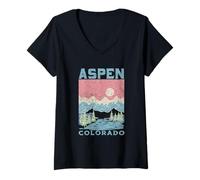 Womens Aspen Colorado Retro Mountain Sunset Vintage Ski Travel V-Neck T-Shirt