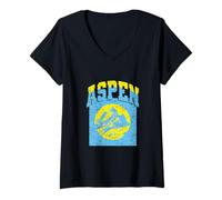 Womens Aspen Colorado Retro Mountain Vintage Skiing Hiking Travel V-Neck T-Shirt