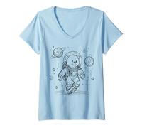 Women's Astronaut Bear Space Explorer Cosmic Adventure V-Neck T-Shirt