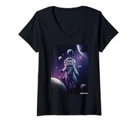 Women's Astronaut Cat Space Planets Cosmic V-Neck T-Shirt