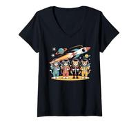 Womens ASTRONAUT CATS ROCKET SPACE ADVENTURE V-Neck T-Shirt