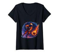 Womens Astronaut Cosmic Fire Hockey Strike V-Neck T-Shirt
