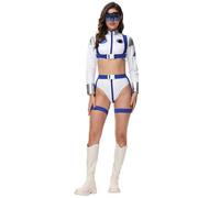 Women'S Astronaut Costume Set with Silver Crop Top, Strap, Shorts, Belt and Sunglasses Funny World Book Day Costumes Fancy Dress for Cosplay Halloween Carnival Dressing Up Clothes Space,Blue,L