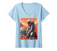 Women's Astronaut Gardening on Mars - Space Farmer Sci-Fi Art V-Neck T-Shirt