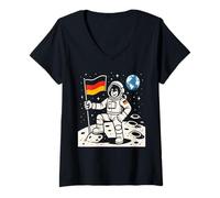 Womens Astronaut On The Moon with German Flag V-Neck T-Shirt