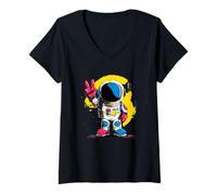 Women's Astronaut Peace Sign Retro Pop Space Graphic Suit Colorful V-Neck T-Shirt